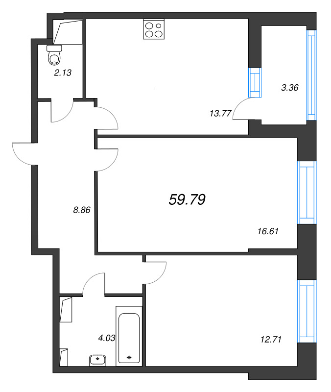 2-комнатная квартира, 59.79 м² - планировка, фото №1