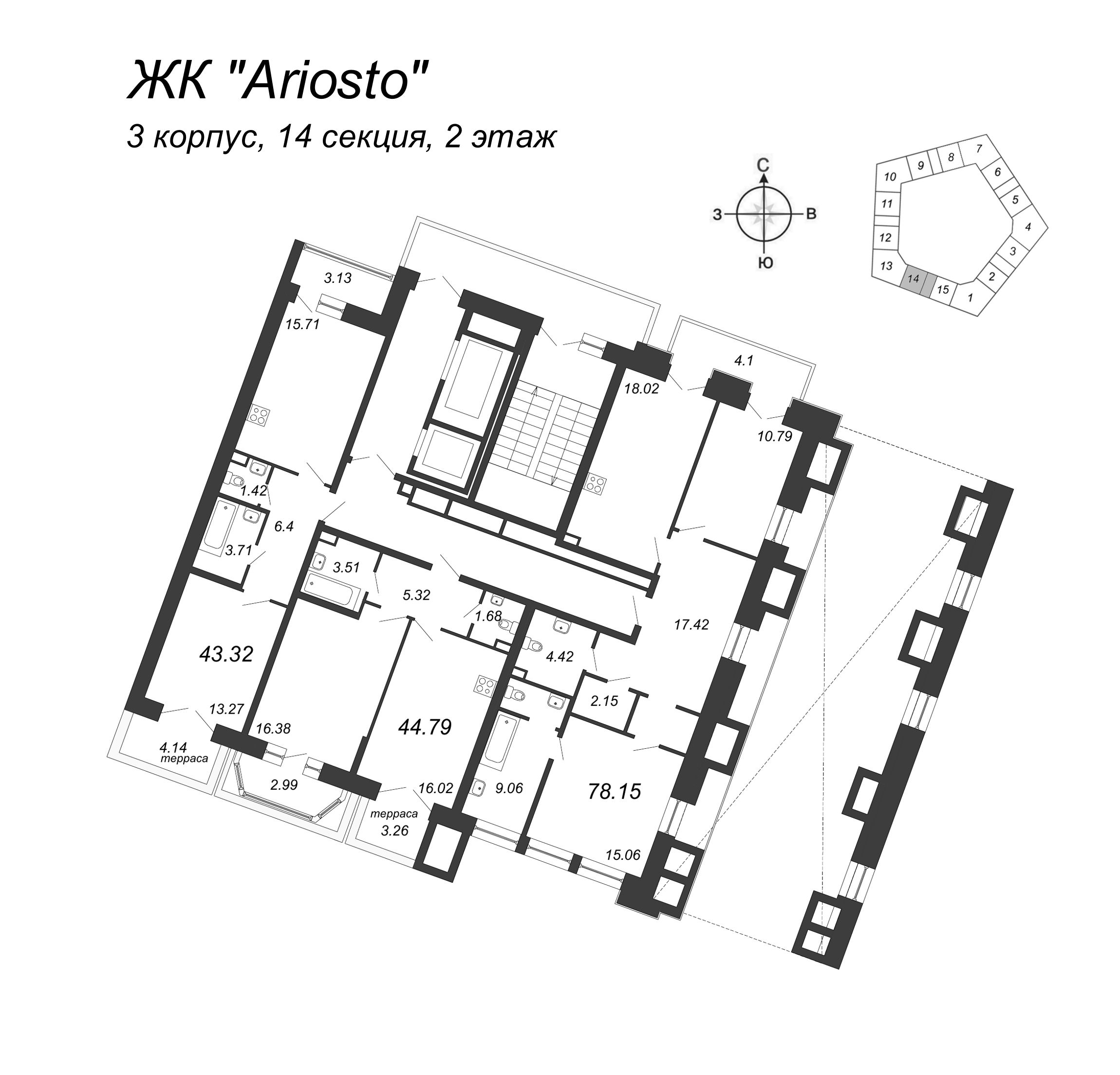 3-комнатная (Евро) квартира, 78.15 м² в ЖК "Ariosto" - планировка этажа