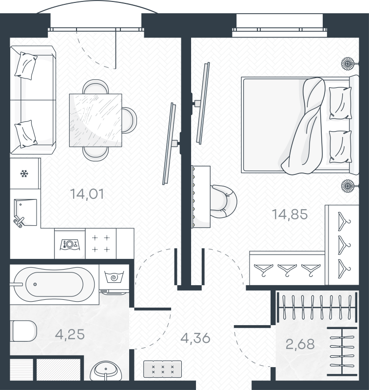 1-комнатная квартира, 40.79 м² в ЖК "MONODOM-ART" - планировка, фото №1