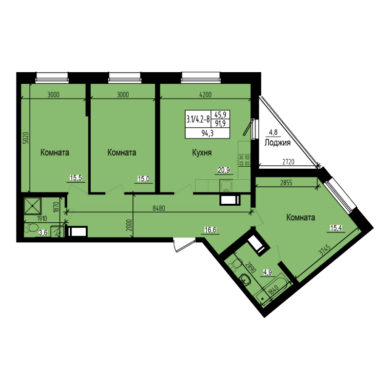 4-комнатная (Евро) квартира, 94.3 м² - планировка, фото №1