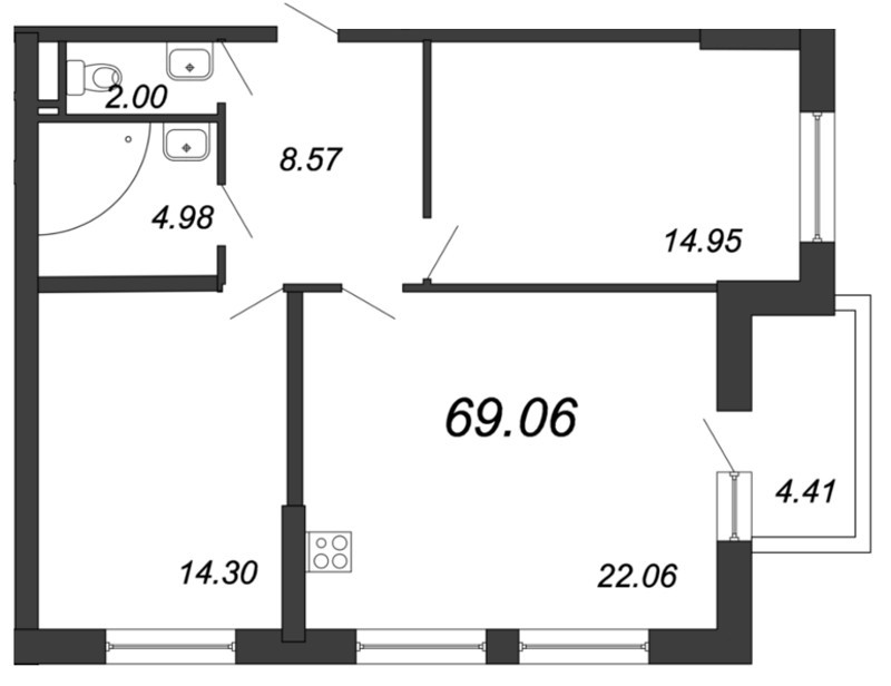 3-комнатная (Евро) квартира, 69.9 м² в ЖК "Магеллан" - планировка, фото №1