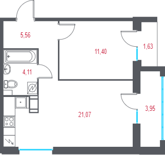 2-комнатная (Евро) квартира, 43.82 м² в ЖК "Город-спутник Южный" - планировка, фото №1