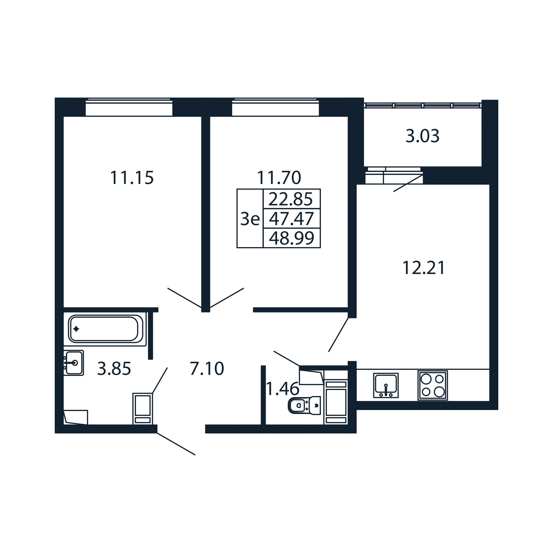 3-комнатная (Евро) квартира, 47.47 м² в ЖК "Полис ЛАВрики" - планировка, фото №1
