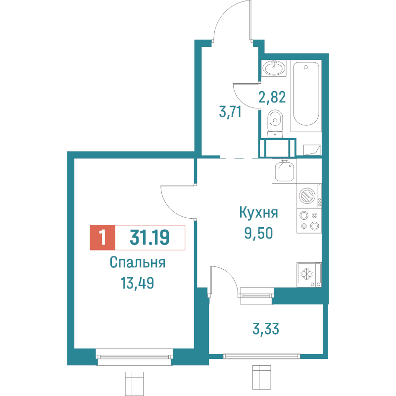 1-комнатная квартира, 31.19 м² в ЖК "Графика" - планировка, фото №1