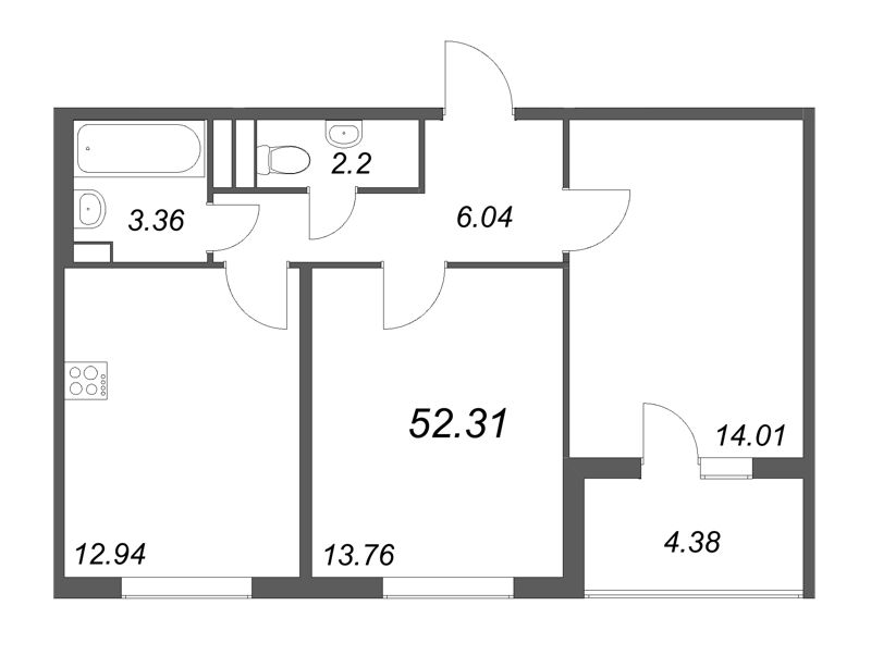 2-комнатная квартира, 52.31 м² - планировка, фото №1