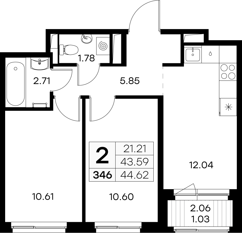 2-комнатная квартира, 44.62 м² - планировка, фото №1