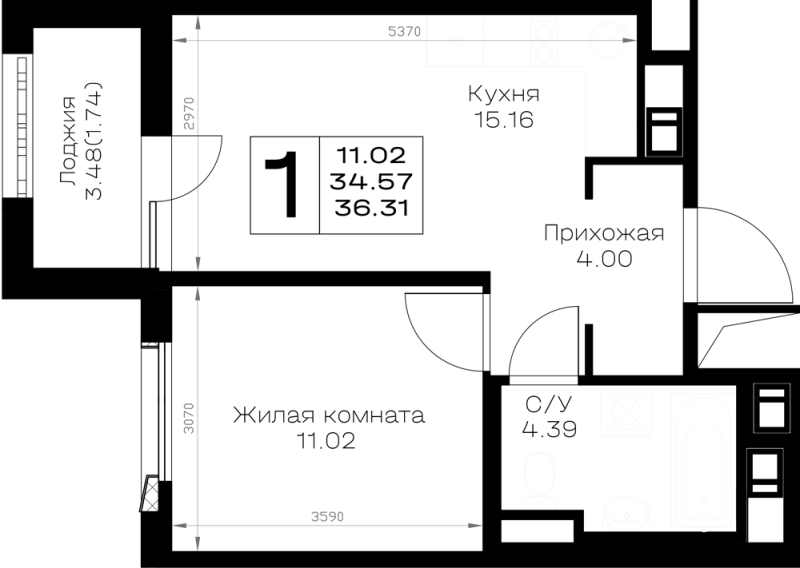 2-комнатная (Евро) квартира, 36.31 м² в ЖК "Борский" - планировка, фото №1