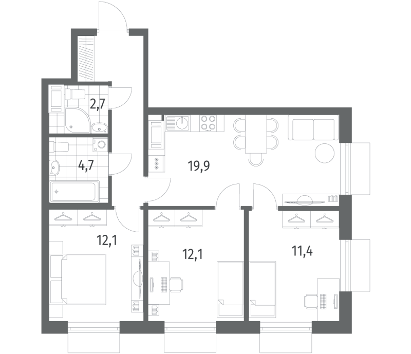 4-комнатная (Евро) квартира, 71.4 м² в ЖК "Парусная 1" - планировка, фото №1