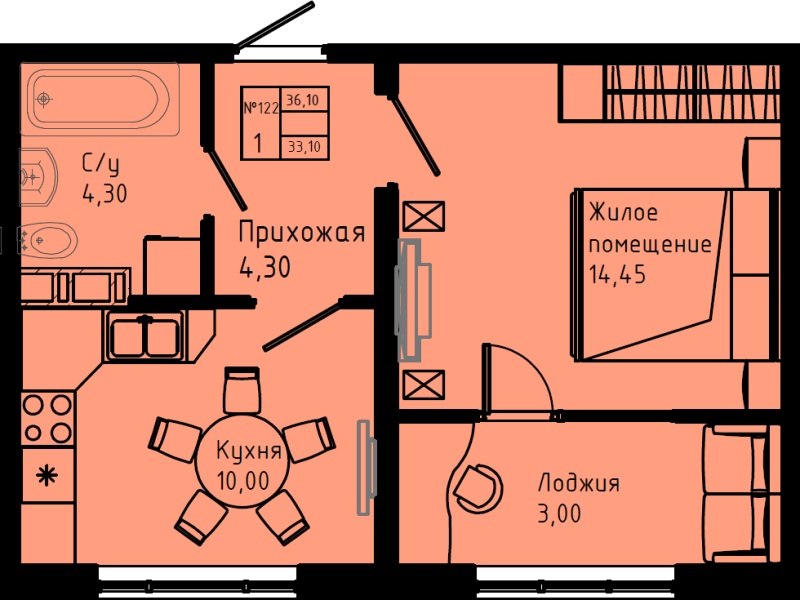 1-комнатная квартира, 36.1 м² в ЖК "Pixel" - планировка, фото №1