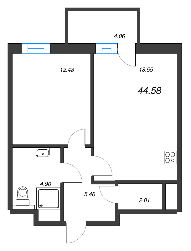2-комнатная (Евро) квартира, 44.58 м² в ЖК "Рощино Residence" - планировка, фото №1
