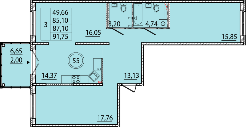 3-комнатная квартира, 85.1 м² в ЖК "Образцовый квартал 15" - планировка, фото №1