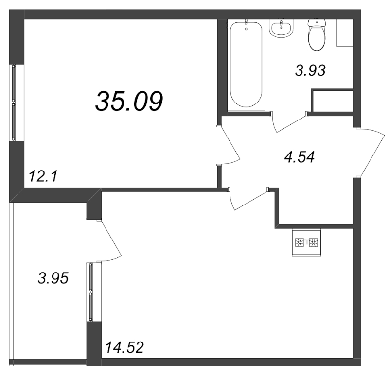 1-комнатная квартира, 35.09 м² в ЖК "Любоград" - планировка, фото №1