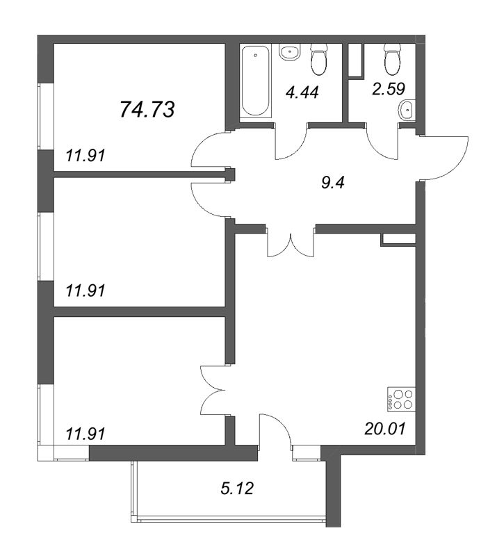 4-комнатная (Евро) квартира, 74.73 м² в ЖК "Новая история" - планировка, фото №1