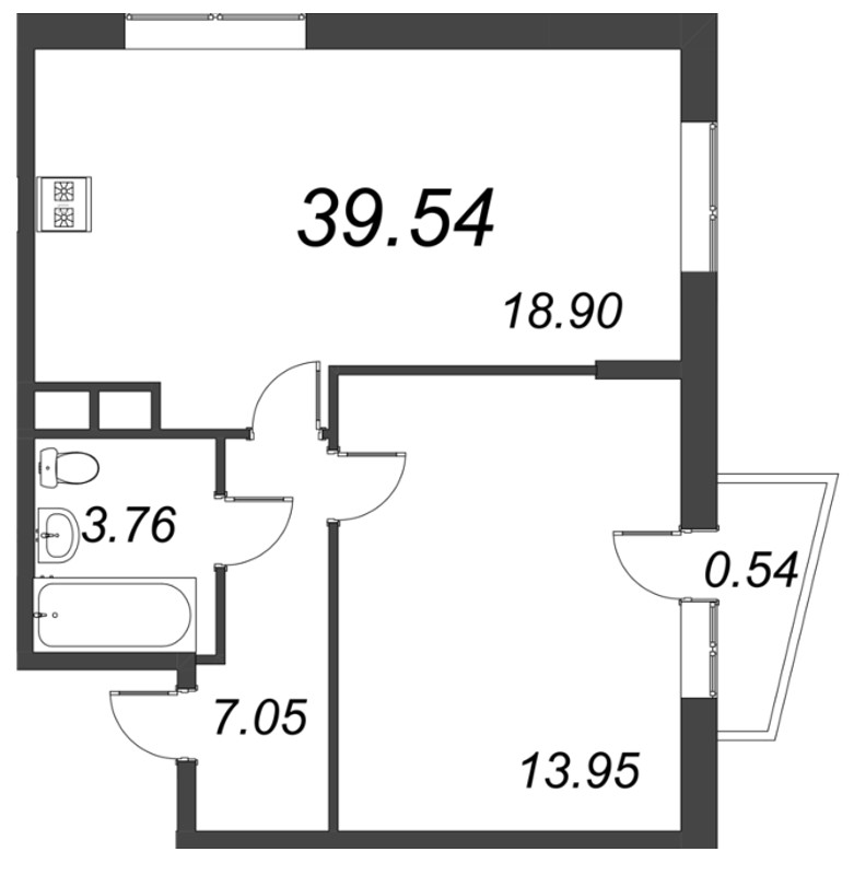 2-комнатная (Евро) квартира, 39.54 м² в ЖК "ВЕРЕН НОРТ сертолово" - планировка, фото №1