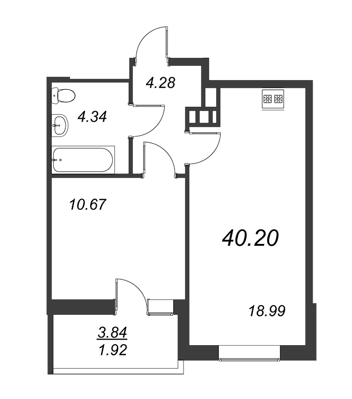 2-комнатная (Евро) квартира, 40.2 м² - планировка, фото №1