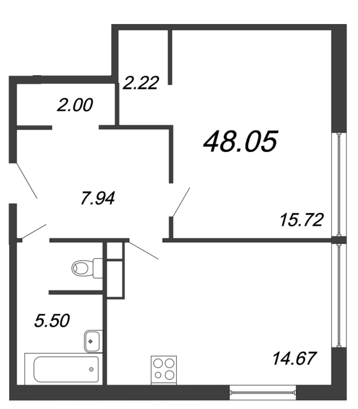 1-комнатная квартира, 48.05 м² в ЖК "Ariosto" - планировка, фото №1
