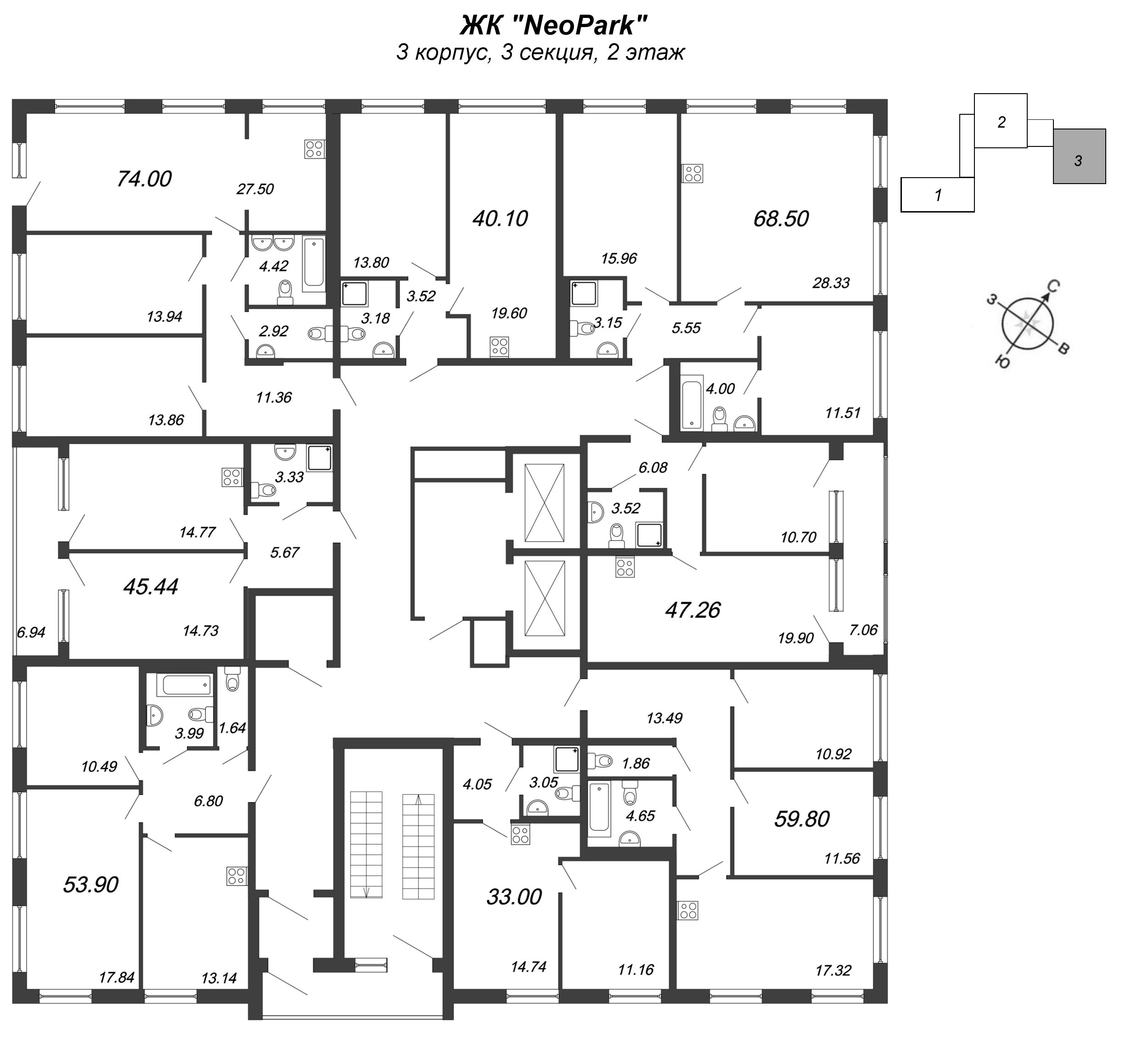 3-комнатная (Евро) квартира, 110.8 м² - планировка этажа