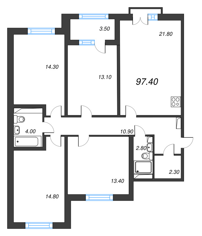 5-комнатная (Евро) квартира, 97.4 м² - планировка, фото №1