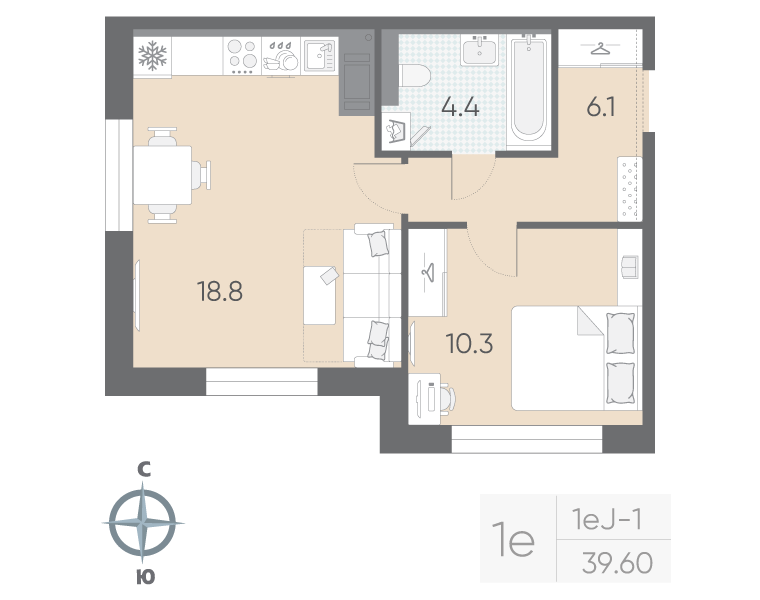 2-комнатная (Евро) квартира, 39.6 м² в ЖК "Большая Охта" - планировка, фото №1
