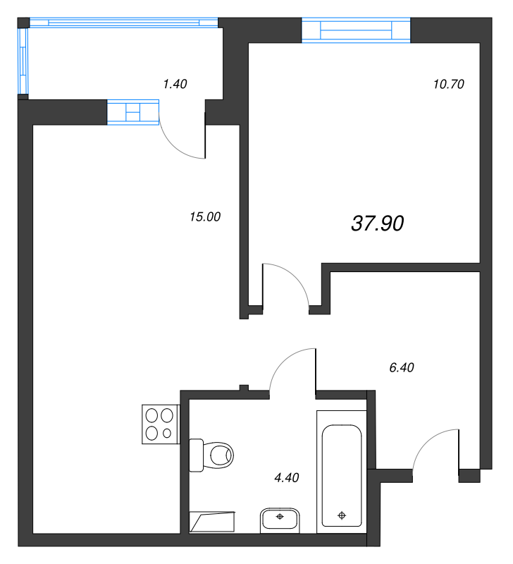 2-комнатная (Евро) квартира, 37.9 м² - планировка, фото №1