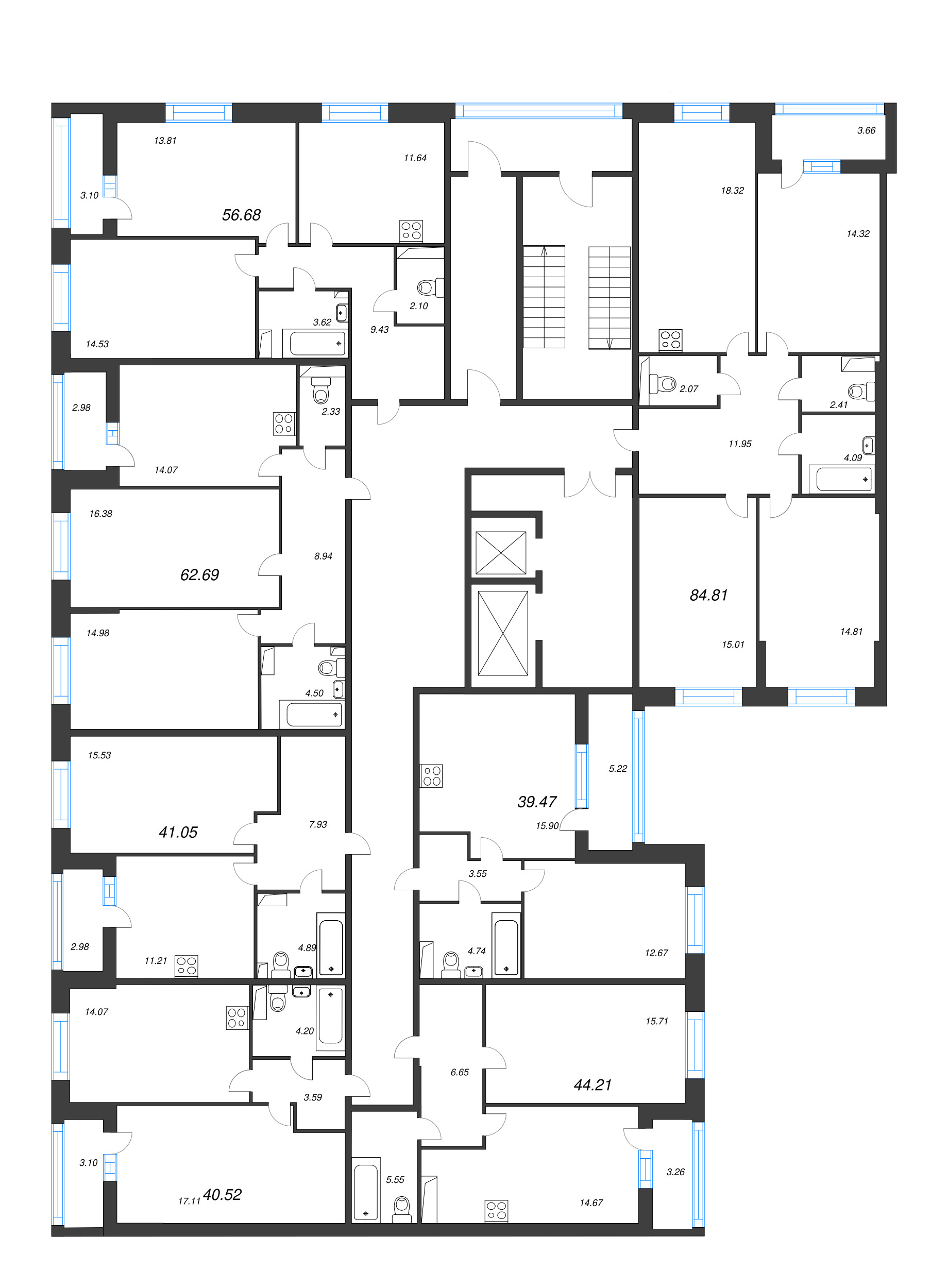2-комнатная (Евро) квартира, 39.47 м² - планировка этажа