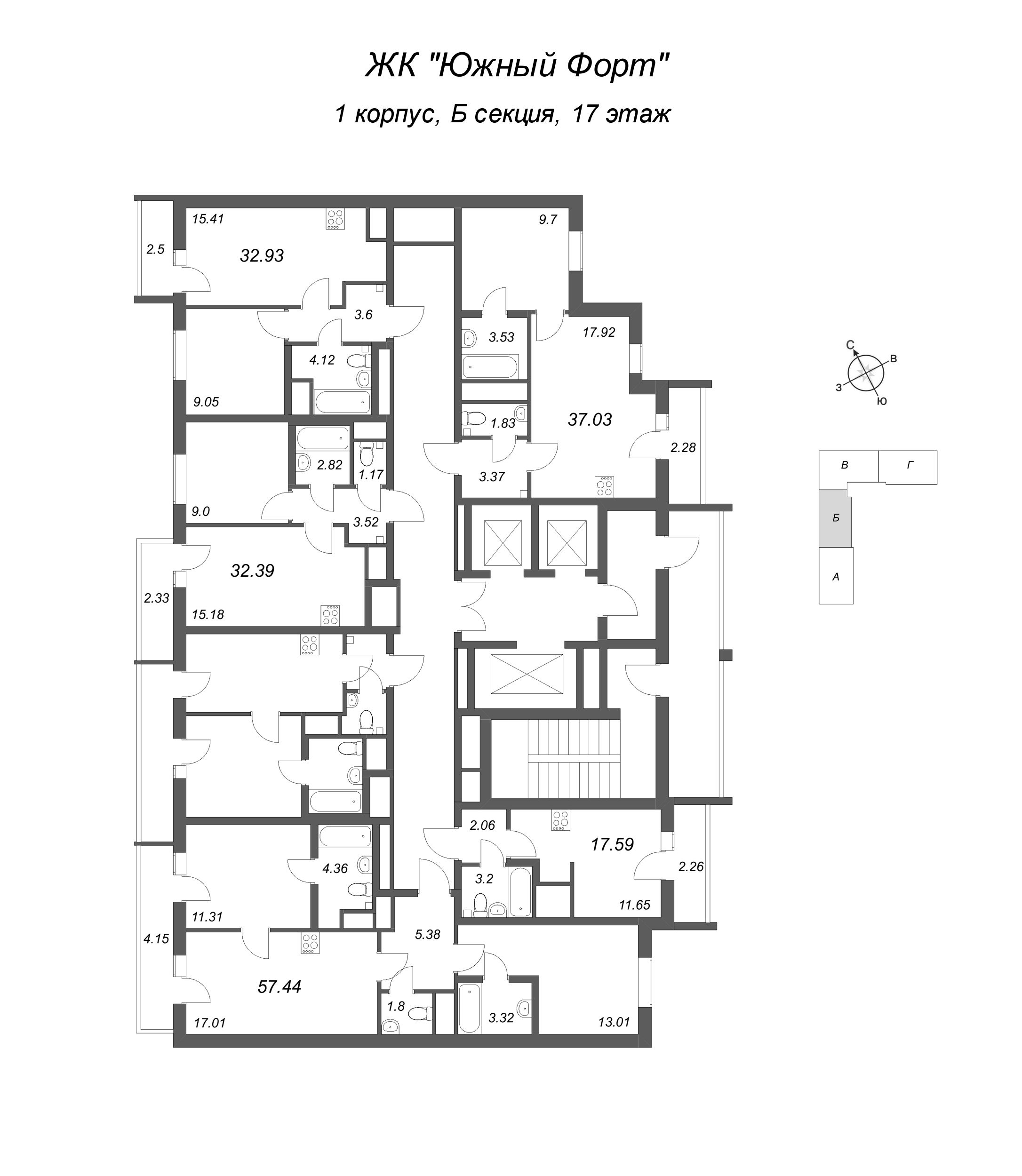2-комнатная (Евро) квартира, 32.39 м² в ЖК "Южный форт" - планировка этажа