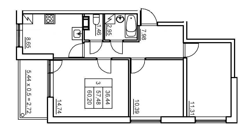 3-комнатная квартира, 59.79 м² в ЖК "Панорама Юкки" - планировка, фото №1