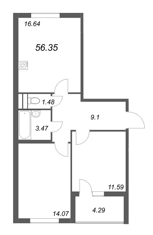 3-комнатная (Евро) квартира, 56.35 м² в ЖК "Любоград" - планировка, фото №1