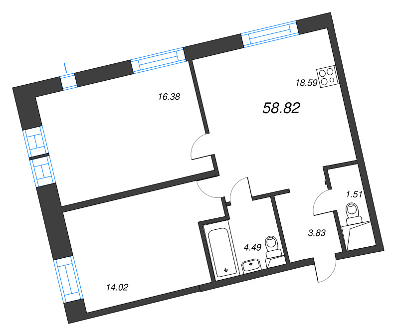 3-комнатная (Евро) квартира, 58.82 м² в ЖК "Бульвар Грина" - планировка, фото №1