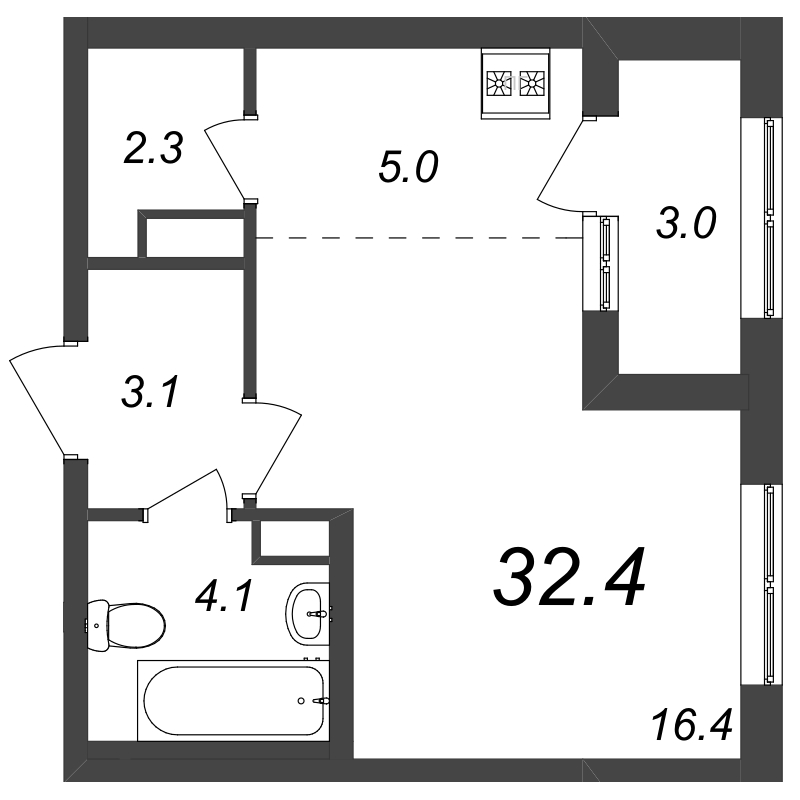 Квартира-студия, 32.5 м² в ЖК "Галактика" - планировка, фото №1