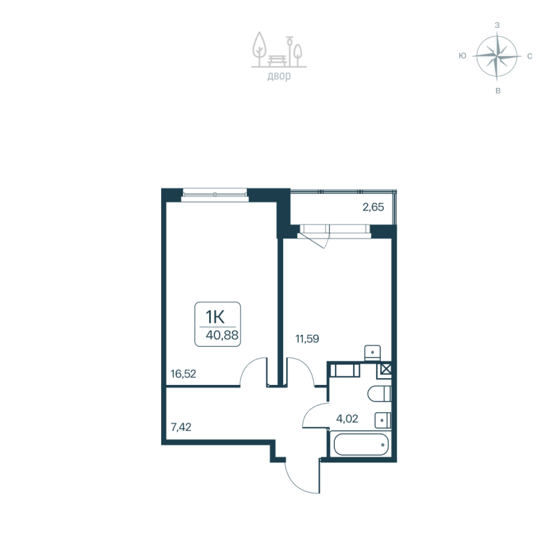 1-комнатная квартира, 40.88 м² в ЖК "Расцветай в Янино" - планировка, фото №1