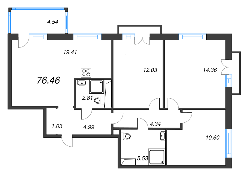 4-комнатная (Евро) квартира, 79.64 м² в ЖК "Jaanila Драйв" - планировка, фото №1