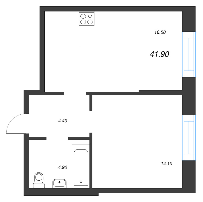 2-комнатная (Евро) квартира, 41.9 м² в ЖК "ЛДМ" - планировка, фото №1