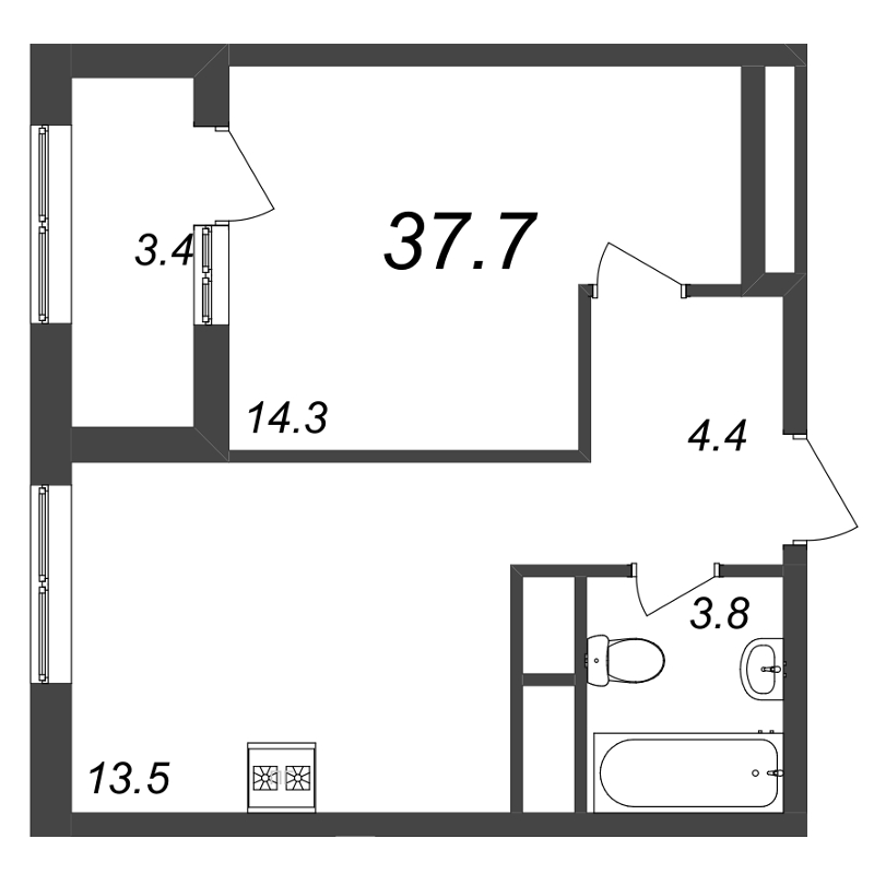 1-комнатная квартира, 37.8 м² - планировка, фото №1