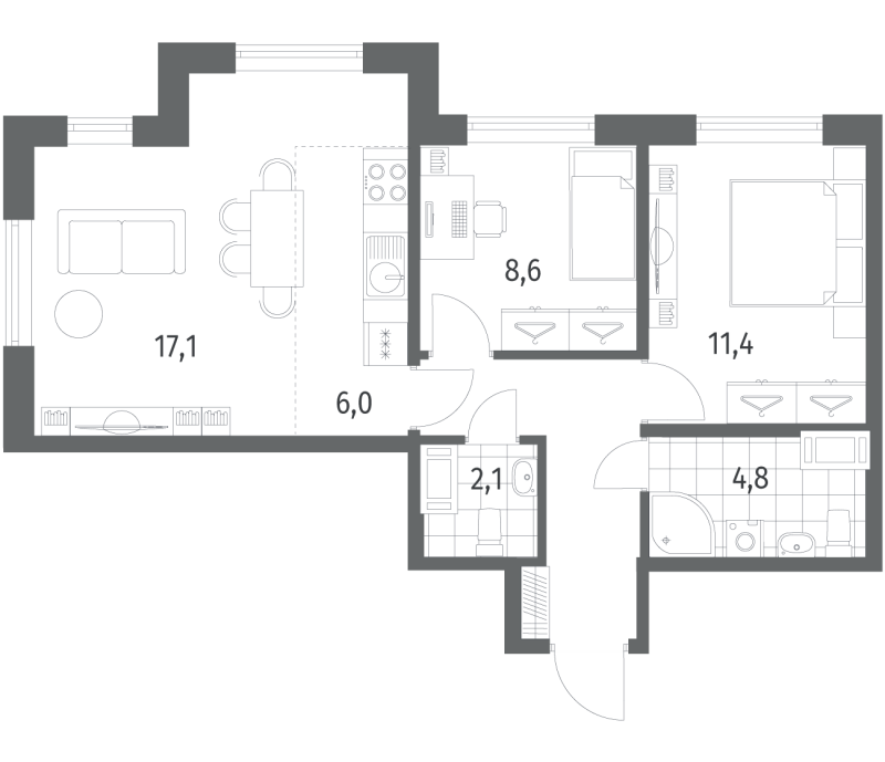 3-комнатная (Евро) квартира, 57.4 м² в ЖК "Парусная 1" - планировка, фото №1