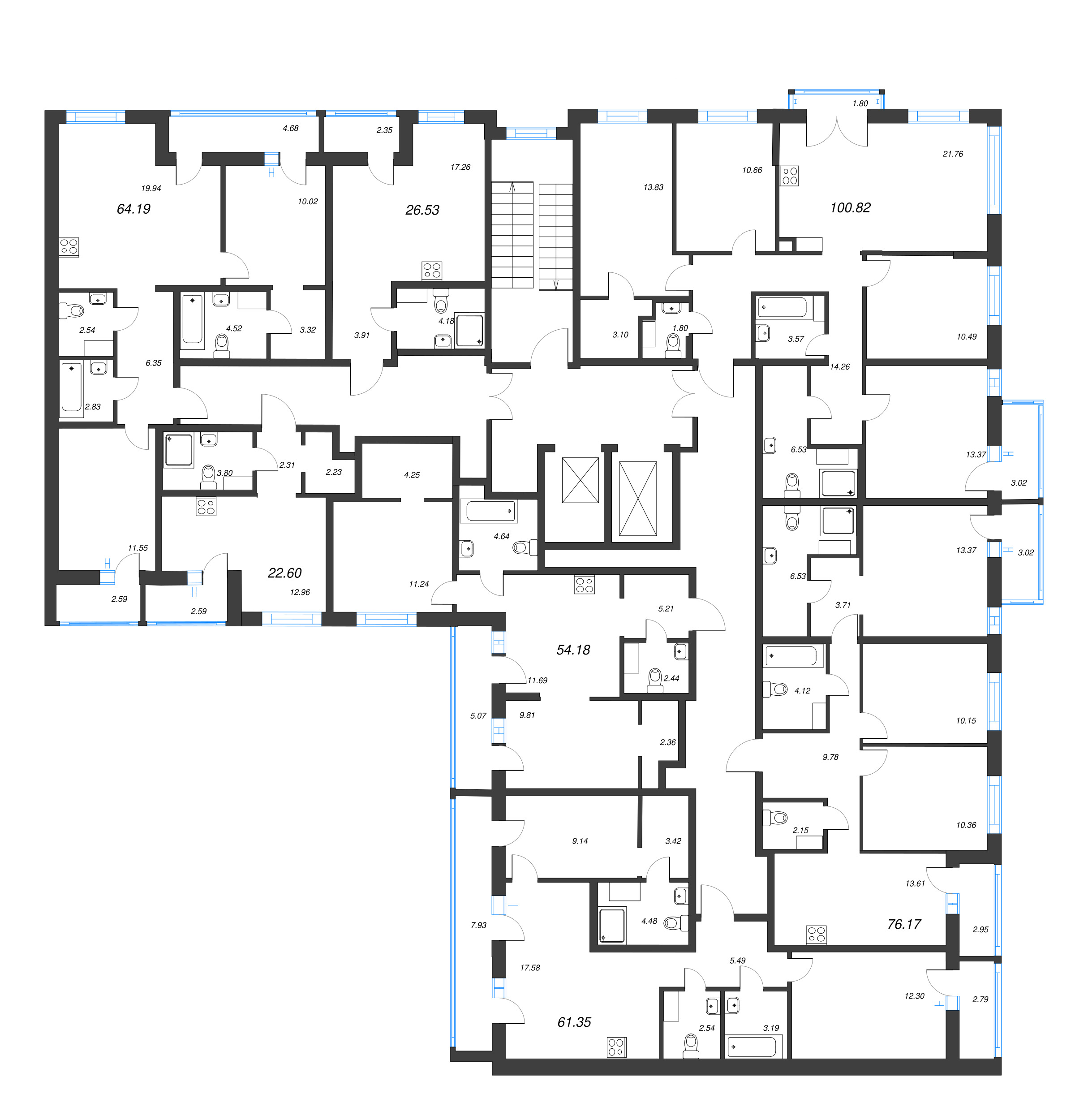 3-комнатная квартира, 76.17 м² - планировка этажа