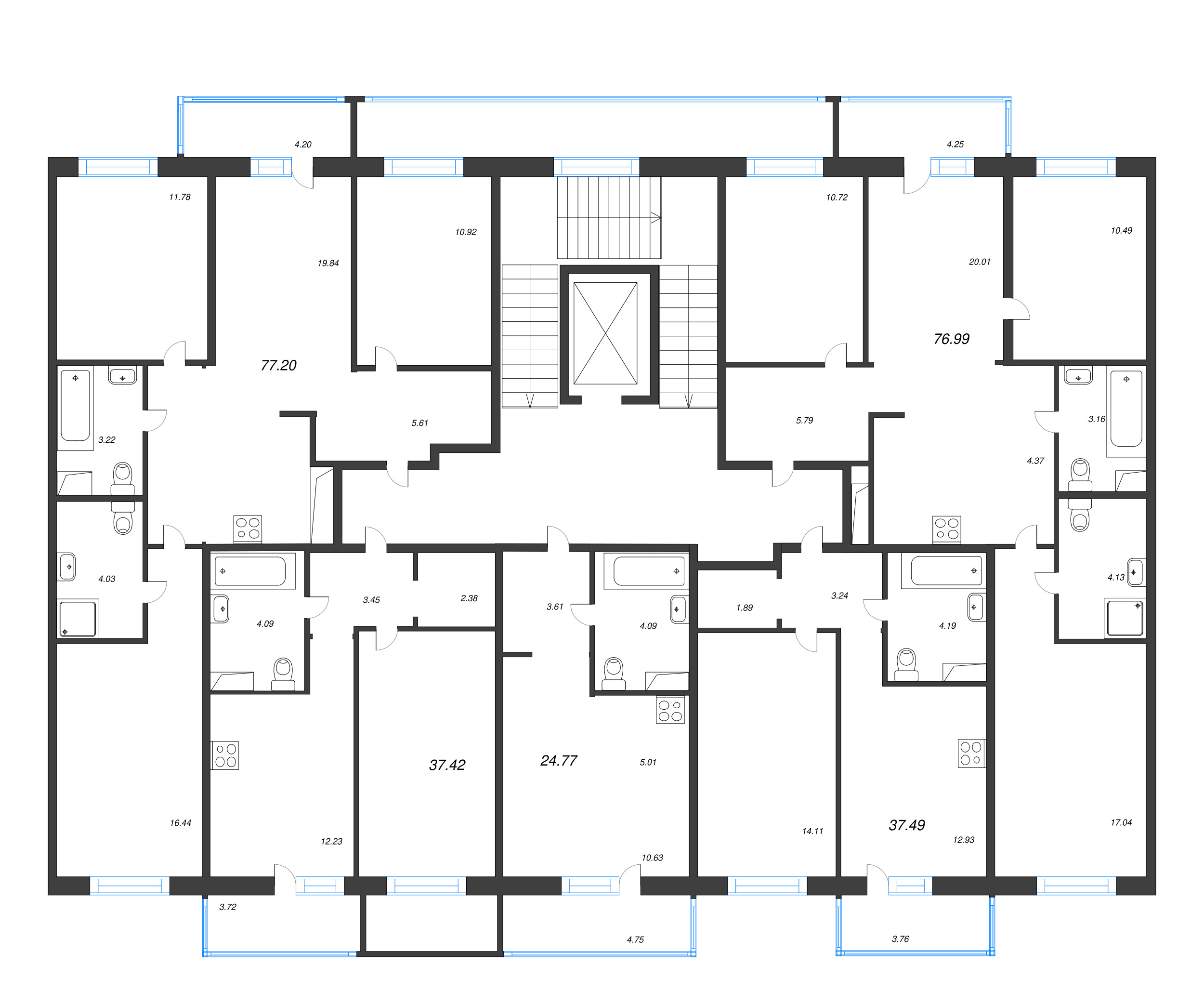 4-комнатная (Евро) квартира, 76.99 м² в ЖК "Окла" - планировка этажа