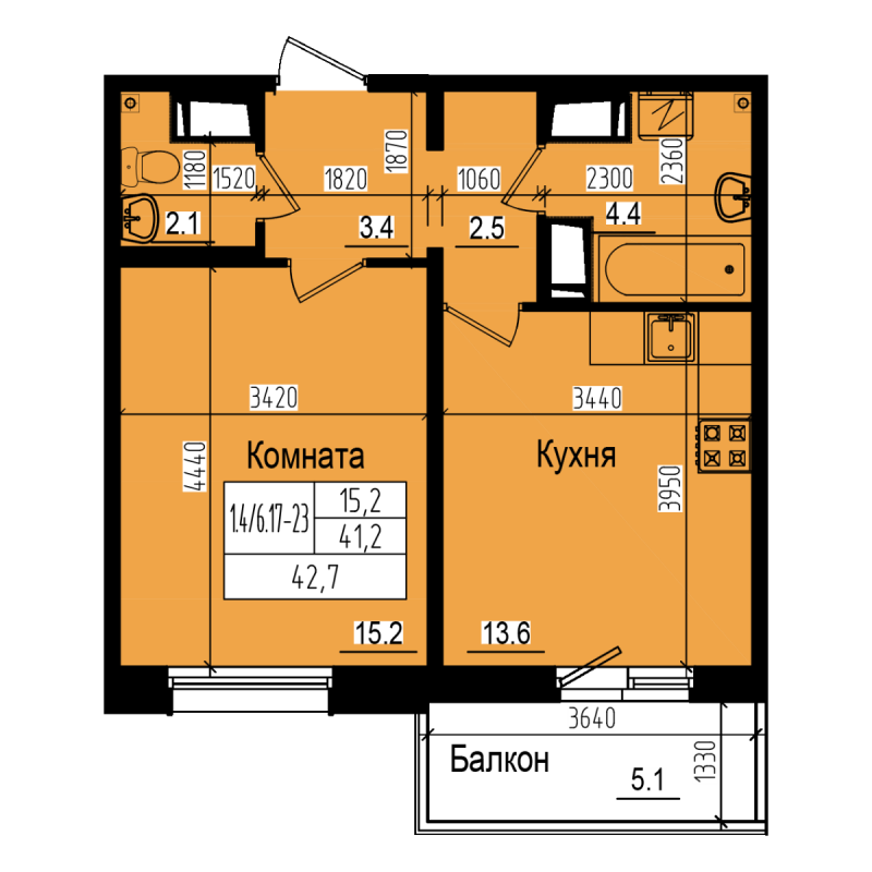 1-комнатная квартира, 42.7 м² - планировка, фото №1