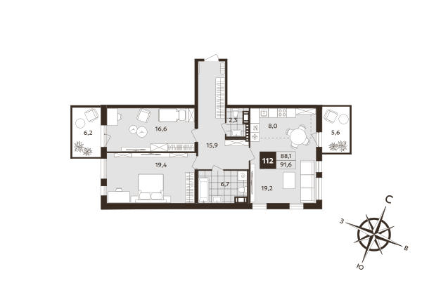 3-комнатная (Евро) квартира, 88.1 м² в ЖК "Дом на Бронницкой" - планировка, фото №1