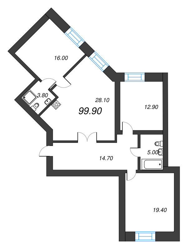 4-комнатная (Евро) квартира, 99.9 м² в ЖК "Листва" - планировка, фото №1