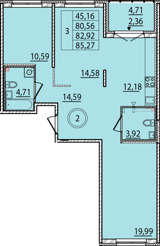 3-комнатная квартира, 80.56 м² - планировка, фото №1