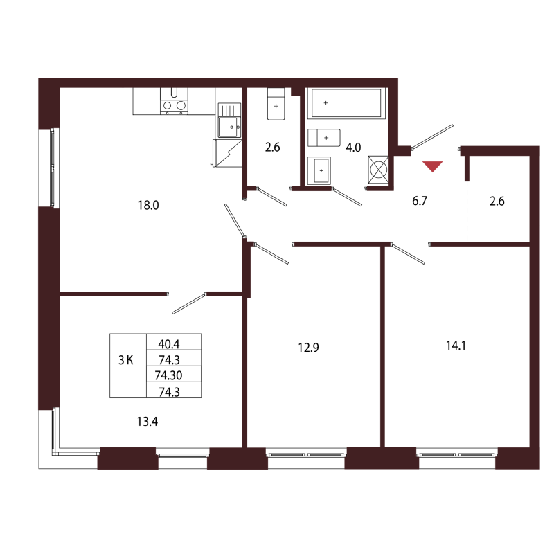 4-комнатная (Евро) квартира, 74.3 м² в ЖК "Лисино" - планировка, фото №1