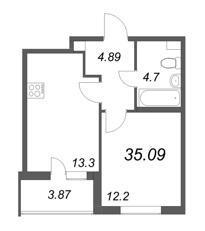 1-комнатная квартира, 35.09 м² - планировка, фото №1