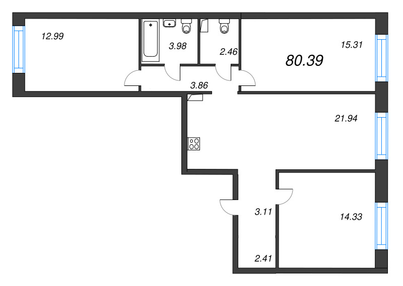 4-комнатная (Евро) квартира, 80.39 м² в ЖК "Остров Первых" - планировка, фото №1