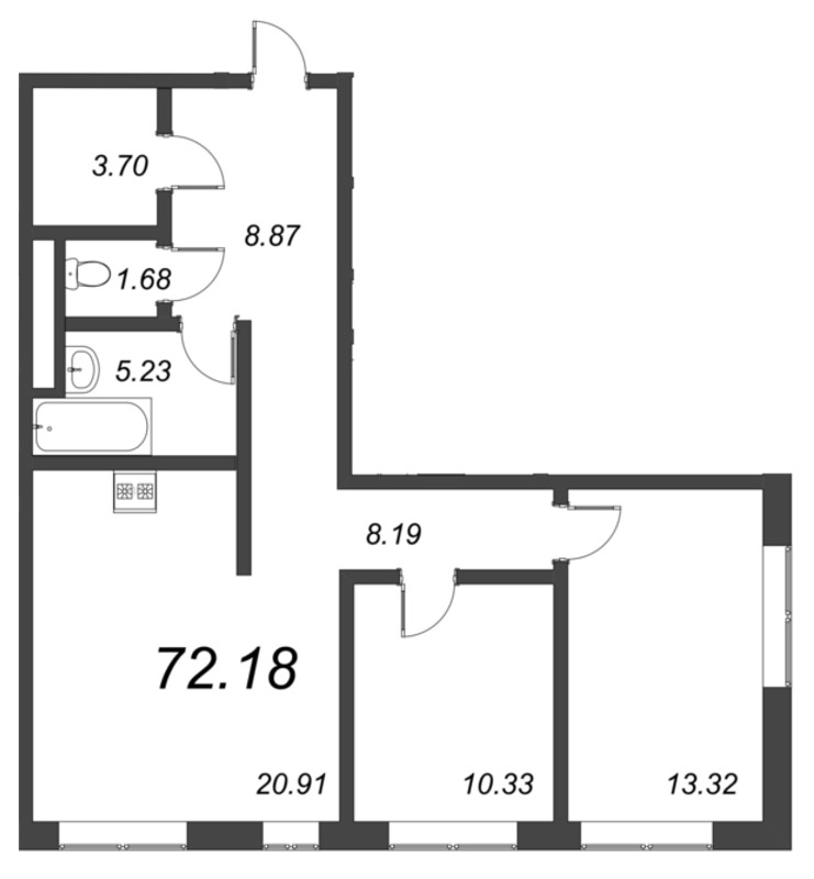 3-комнатная (Евро) квартира, 76.5 м² - планировка, фото №1