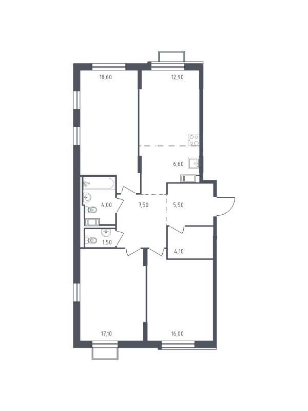 4-комнатная (Евро) квартира, 93.8 м² в ЖК "Курортный Квартал" - планировка, фото №1