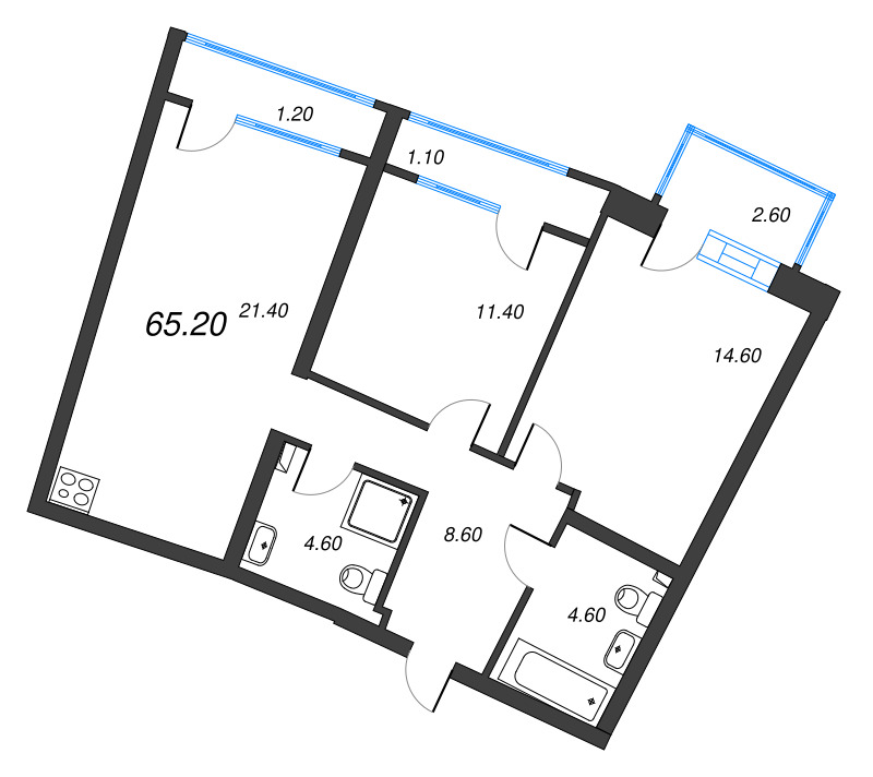 3-комнатная (Евро) квартира, 65.2 м² в ЖК "Цвет Зеленогорска" - планировка, фото №1