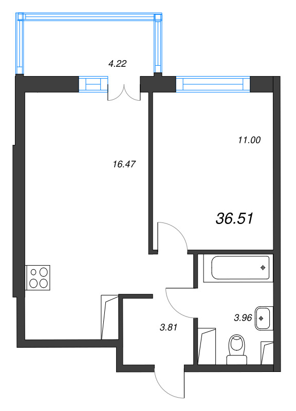 2-комнатная (Евро) квартира, 36.51 м² в ЖК "Кронунг Янино" - планировка, фото №1
