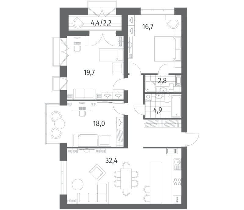 4-комнатная (Евро) квартира, 115.6 м² в ЖК "Наука" - планировка, фото №1