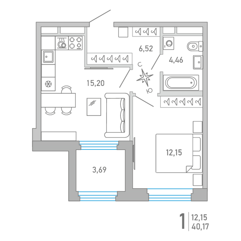 2-комнатная (Евро) квартира, 40.17 м² - планировка, фото №1